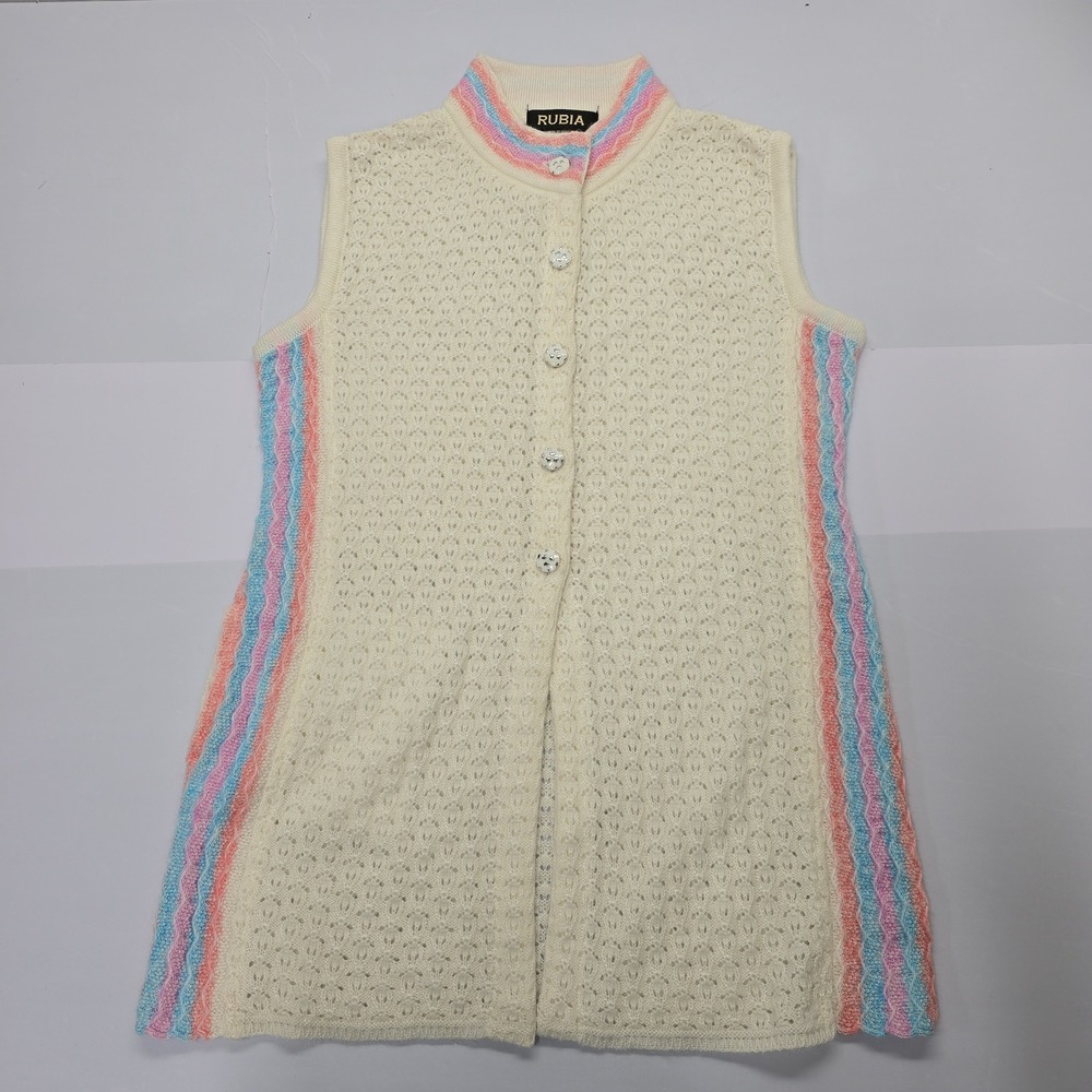 Vintage Rubia‎ Cream Pointelle Knit Sleeveless Long Cardigan Vest Pastel Trim